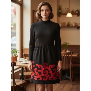Vintage 60's Carlye Black Wool Dress with Red Appliqué – Women’s Size 8